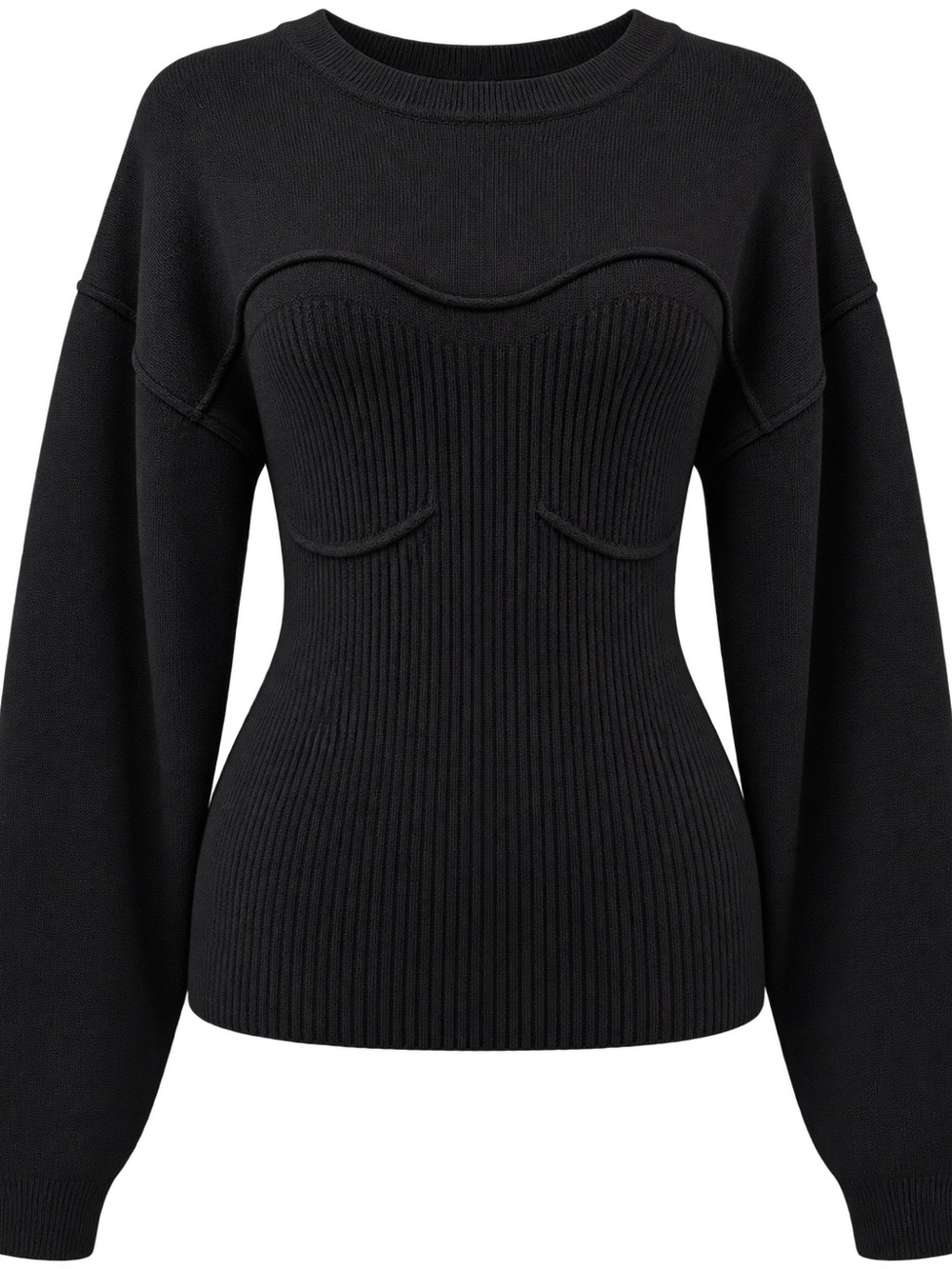 Mango MNG Black Corset Style Ribbed Sweater Balloon Sleeve Women’s Medium